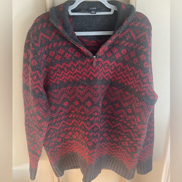 Vintage J. Crew Red Gray Lambswool fairisle Quater Zip Sweater Mens Large - Picture 1 of 5
